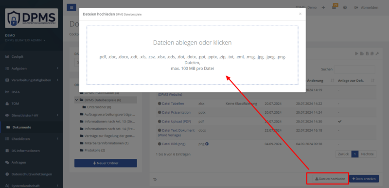 DPMS Modul Dokumente Dateien hochladen