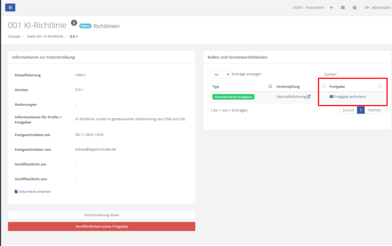 DPMS Modul Dokumente Freigabe anfordern