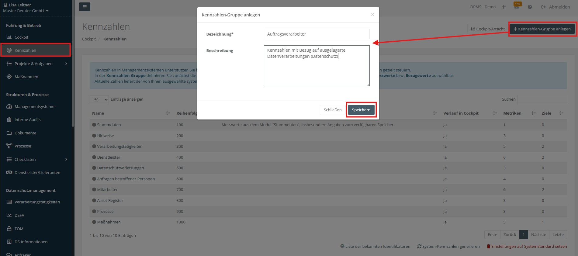 Screenshot, auf dem zu sehen ist, wie eine neue Kennzahlen-Gruppe angelegt wird.