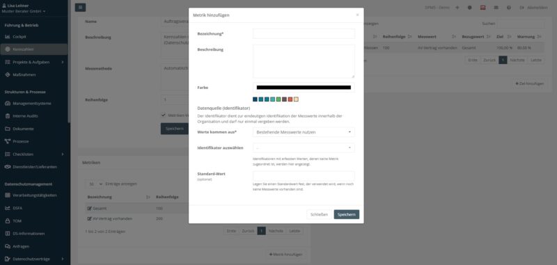 Screenshot, auf dem gezeigt wird, wie eine neue Metrik angelegt wird