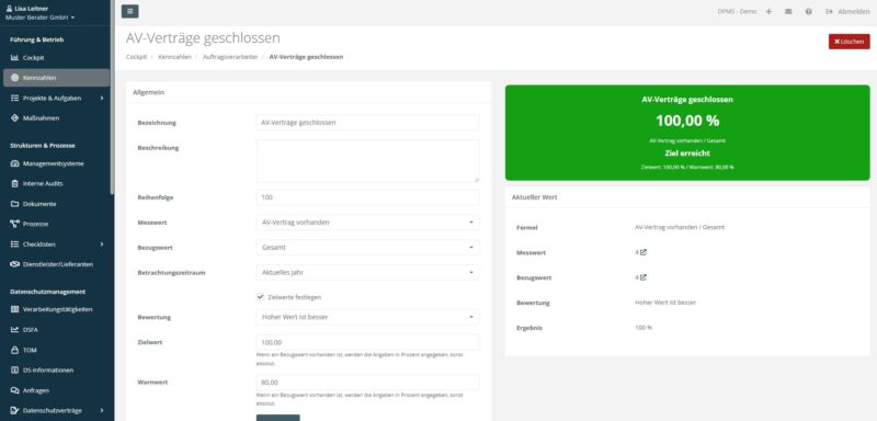 Screenshot, auf dem die Detailansicht eines angelegten Ziels zu sehen ist